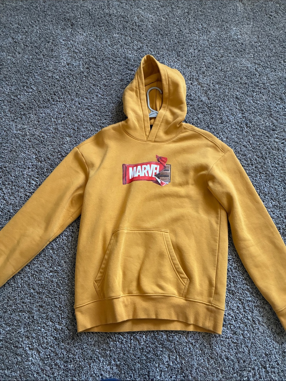 Marvel Men's Mustard Yellow Crewneck Hoodie with Red Logo